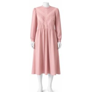 Vintage Cathy Sue Agnus Normand Pink Lace Pleated Prairie Midi Dress Long Sleeve